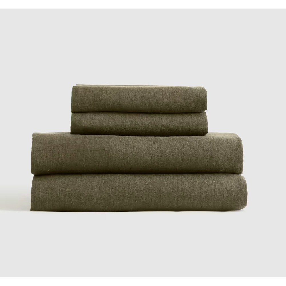 Quince European Linen Sheet Set King Size Dusty Olive 4 Piece with Flat Sheet
